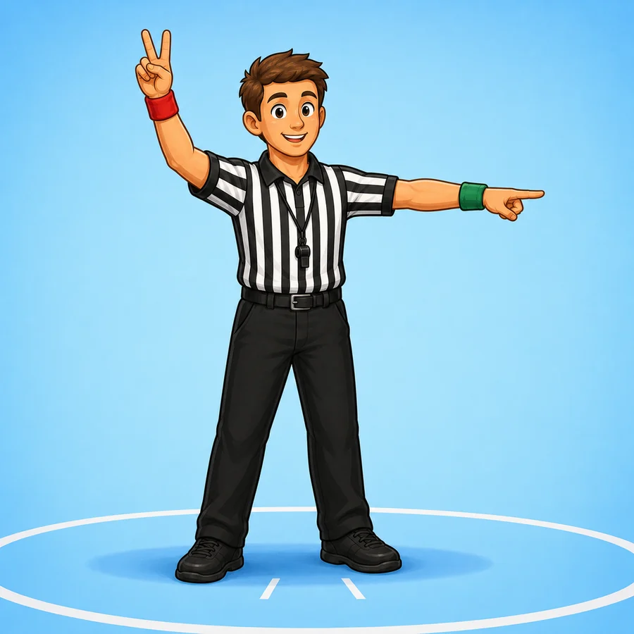 Cartoon wrestling referee demonstrating the Reversal signal