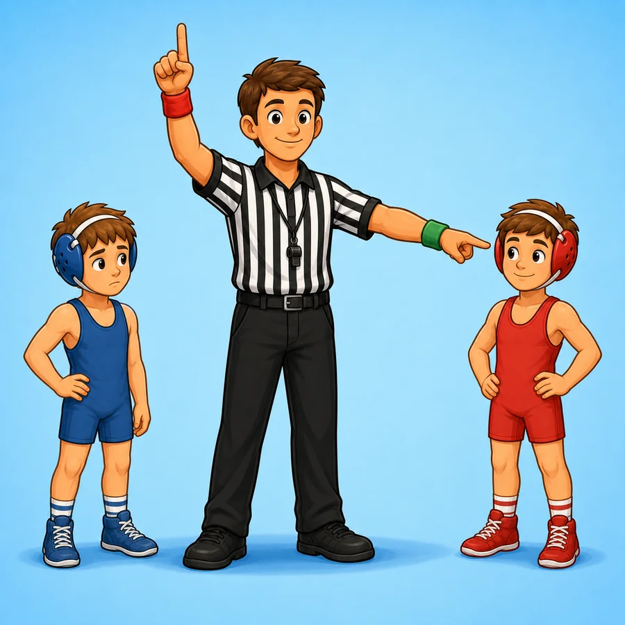Cartoon wrestling referee demonstrating the Takedown signal